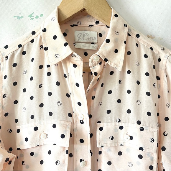J.Crew Top Button Down Classic Fit Silk Mixed Dots Pink Blouse Happy Face Size 2 - Picture 2 of 11